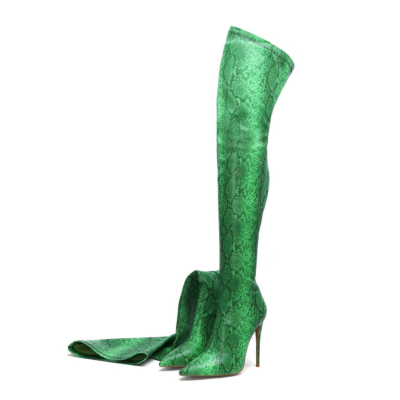 Green Fashion Snake reliëf spitse neus Stiletto's over de knie laarzen