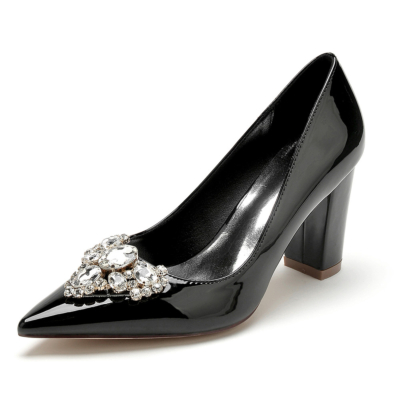 Zwarte juwelen blokhak bruiloft pumps bruidsjurken schoenen met gesloten teen