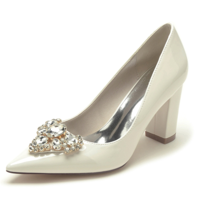 Beige juwelen blokhak bruiloft pumps bruidsjurken schoenen met gesloten teen