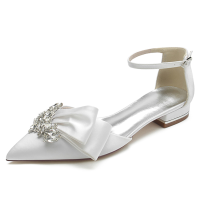 Witte juwelen strik flats enkelband bruids d'orsay strass satijnen schoenen
