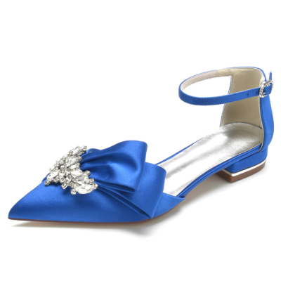 Koningsblauwe juwelen strik flats enkelbandje bruids d'orsay strass satijnen schoenen