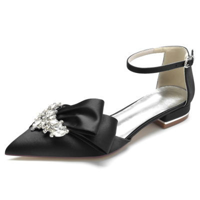 Zwarte juwelen strik flats enkelbandje bruids d'orsay strass satijnen schoenen