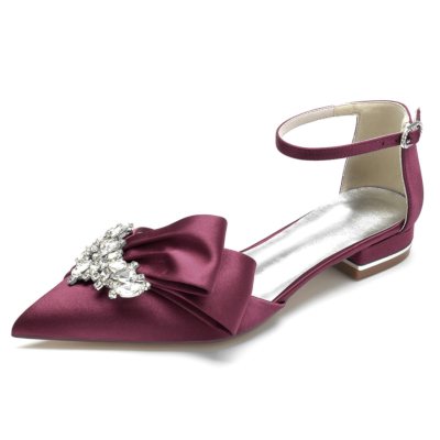 Bordeauxrode juwelen strik flats enkelbandje bruids d'orsay strass satijnen schoenen