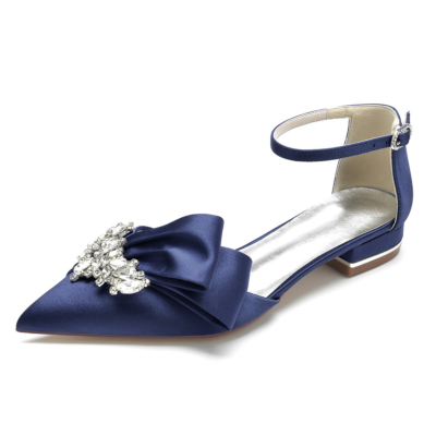 Marineblauwe juwelen strik flats enkelbandje bruids d'orsay strass satijnen schoenen