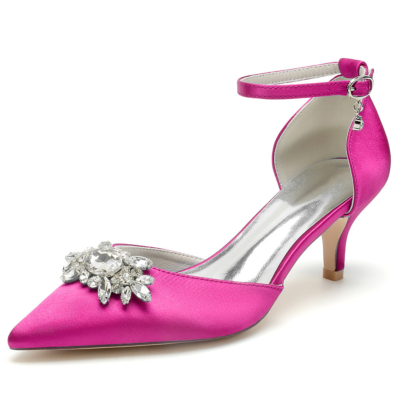 Fuchsia juwelen kitten hakken D'orsay pumps bruiloft satijnen schoenen met enkelbandje