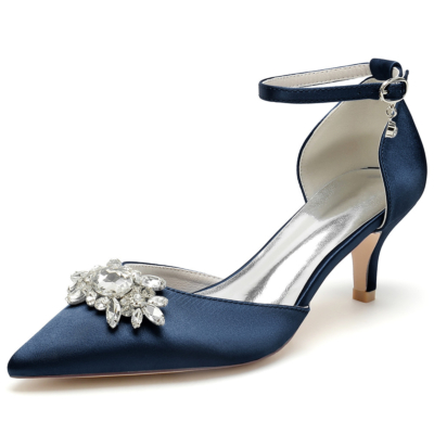 Donkerblauwe kitten hakken met juwelen D'orsay pumps bruiloft satijnen schoenen met enkelbandje