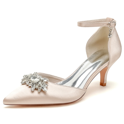 Champagne juwelen Kitten hakken D'orsay pumps bruiloft satijnen schoenen met enkelbandje