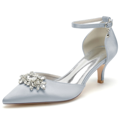 Grijze juwelen Kitten hakken D'orsay pumps bruiloft satijnen schoenen met enkelbandje