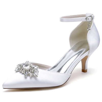 Witte juwelen Kitten Heels D'orsay Pumps Bruiloft Satijnen Aankle Strap Schoenen