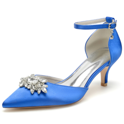 Koningsblauwe kitten hakken met juwelen D'orsay pumps bruiloft satijnen schoenen met enkelbandje