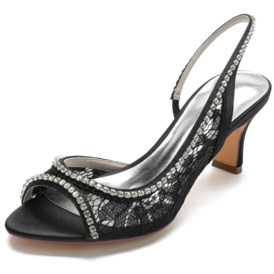 Slingback-hakken met zwarte juwelen, uitgeholde peeptoe-sandalen met blokhak