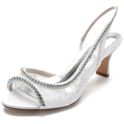 Slingback-hakken met witte juwelen, uitgeholde peeptoe-sandalen met blokhak