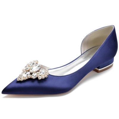 Koningsblauwe satijnen bruidsflats met juwelen, bruiloft slip-on-jurken D'orsay platte schoenen