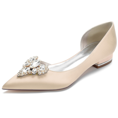 Champagne juwelen satijnen bruidsflats bruiloft instapjurken D'orsay platte schoenen