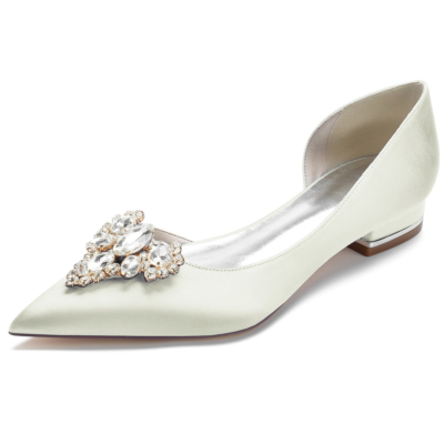 Beige juwelen satijnen bruidsflats bruiloft instapjurken D'orsay platte schoenen