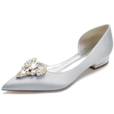 Zilverkleurige satijnen bruidsflats met bruiloftsslip-op-jurken D'orsay platte schoenen