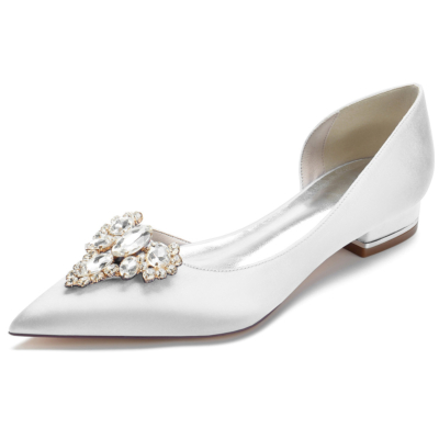 Witte juwelen satijnen bruidsflats bruiloft slip-on-jurken D'orsay platte schoenen