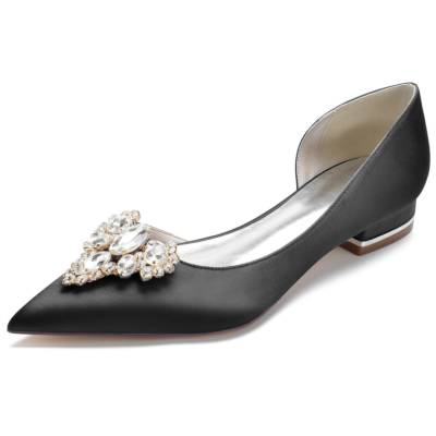 Zwarte satijnen bruidsflats met juwelen, bruiloft instapjurken D'orsay platte schoenen