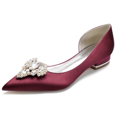 Bordeauxrode satijnen bruidsflats met juwelen, bruiloftsjurken D'orsay platte schoenen