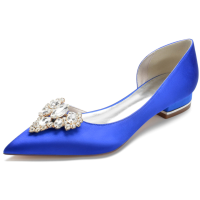 Koningsblauwe satijnen bruidsflats met juwelen, bruiloft slip-on-jurken D'orsay platte schoenen