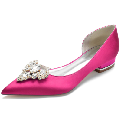 Magenta juwelen satijnen bruidsflats bruiloft instapjurken D'orsay platte schoenen