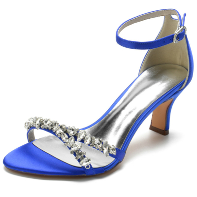 Royal Blue Jeweled Strap Ankle Strap Sandalen Middelhoge hakken Satijnen trouwschoenen