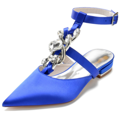 Koningsblauw juwelen T-strap puntige neus satijn platte schoenen strass versieringen rugloze schoenen