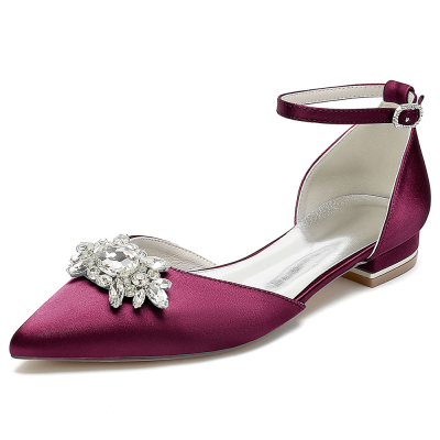 Burgundy Satin Pointed Toe Rhinestone Ankle Strap Flat Wedding Shoes