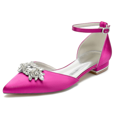 Magenta Satin Pointed Toe Rhinestone Ankle Strap Flat Wedding Shoes
