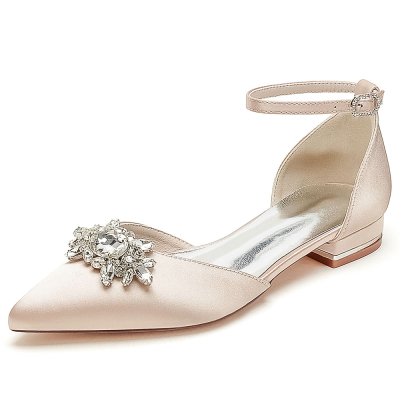 Champagne Satin Pointed Toe Rhinestone Ankle Strap Flat Wedding Shoes