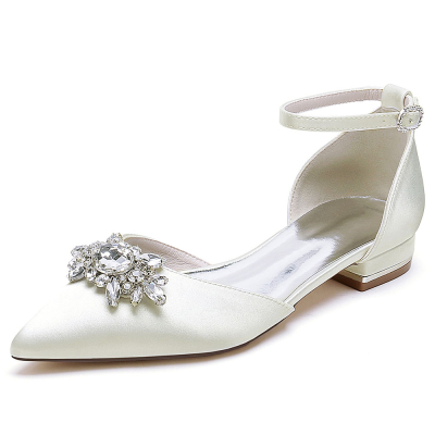 Satin Pointed Toe Rhinestone Ankle Strap Flat Wedding Shoes