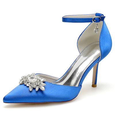 Royal Blue Satin Pointed Toe Stiletto Heel Rhinestone Details Ankle Strap Wedding Shoes