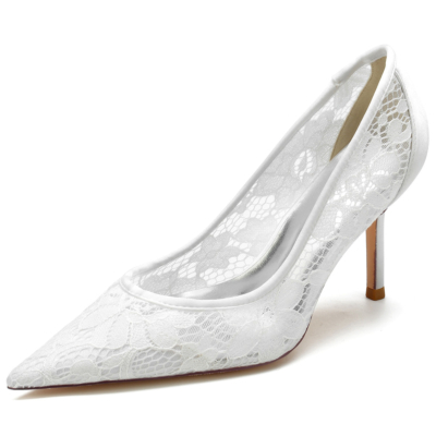 Witte kanten uitgeholde bruids hakken spitse neus hakken schoenen