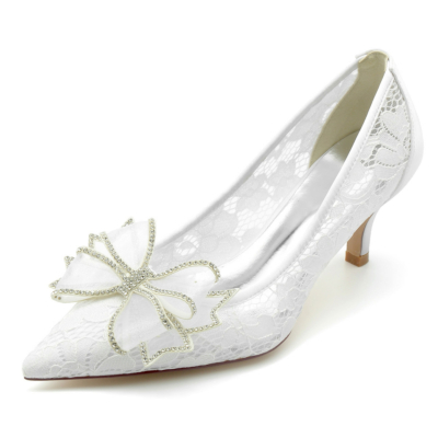 Witte kanten pumps met strik Lage hakken Geklede schoenen voor bruiloft