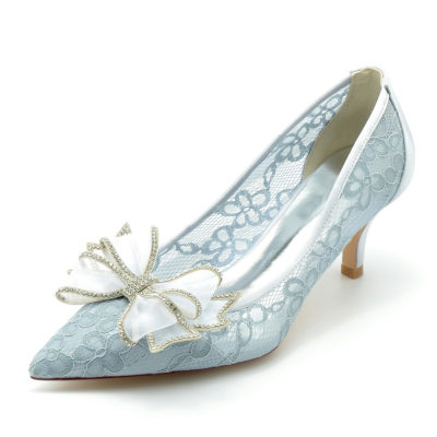 Blauwe kanten pumps met strik Lage hakken Geklede schoenen voor bruiloft