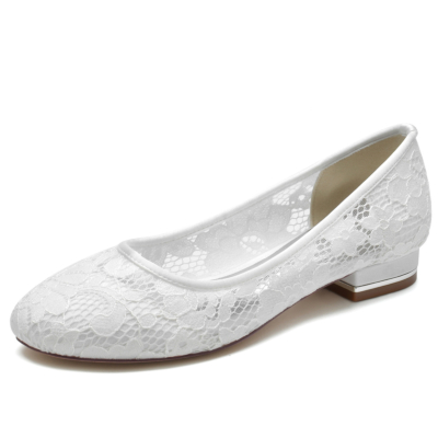 Witte kanten bruiloft platte ronde neus bruid schoenen