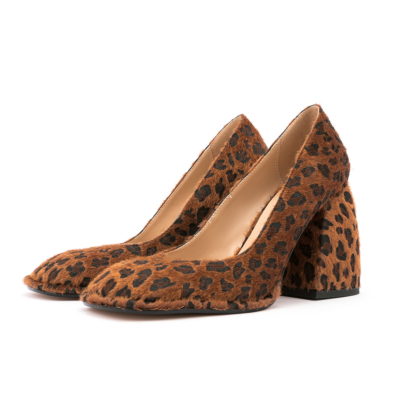 Bruine luipaardprint namaakbont chunky hoge hak pumps Comfortabele schoenen met hak