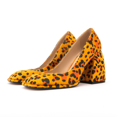 Gele luipaardprint imitatiebont chunky hoge hak pumps Comfortabele schoenen met hak