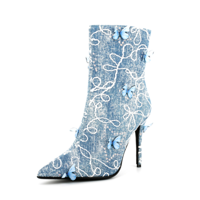 Lichtblauwe denim pailletten enkellaarzen vlinder stiletto jurk laarzen
