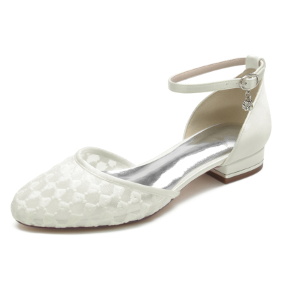 Witte mesh D'orsay flats ronde neus comfortabele platte schoenen met enkelbandje