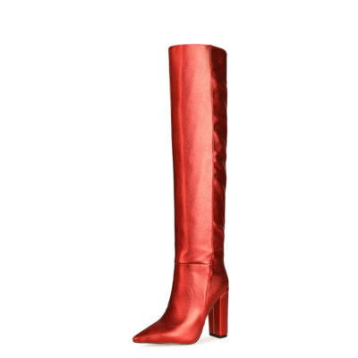 Rode metallic slouche laarzen  Overknee stretchlaarzen met blokhakken