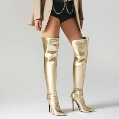 Gouden metallic over-de-knie-laarzen met stiletto hoge hak en rits aan de achterkant
