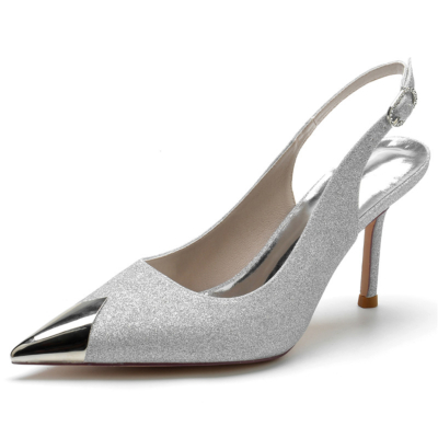 Zilver metallic spitse neus Glitter pumps schoenen Slingback naaldhakken