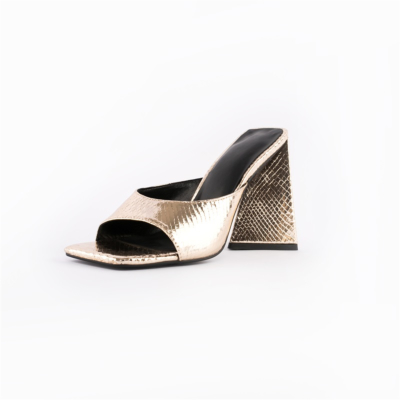 Metallic gouden slangen reliëf sandalen Chunky hakken Slide schoenen vierkante neus