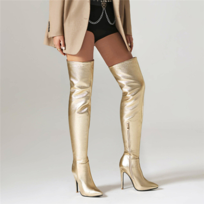 Gouden metallic stiletto dijhoge laarzen Litichi Grain jurk over de knielaarzen