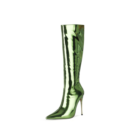 Groene spiegel lange kniehoge laarzen metallic naaldhak glanzende jurk laarzen