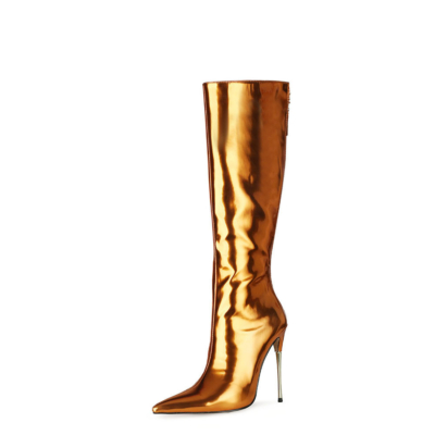 Gouden spiegel lange kniehoge laarzen metallic naaldhak glanzende jurk laarzen