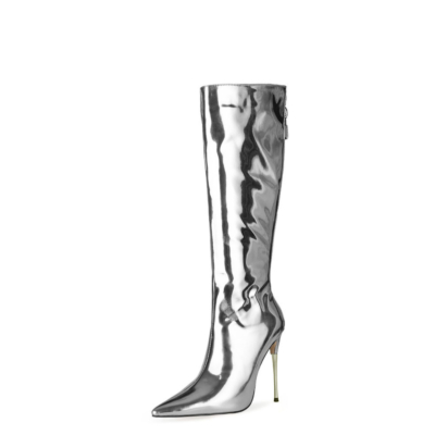 Zilveren spiegel lange kniehoge laarzen metallic naaldhak glanzende jurk laarzen