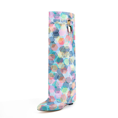 Cyaan Multicolor Wedges Fold Over Boots Kniehoge laarzen met ronde neus voor een feestje