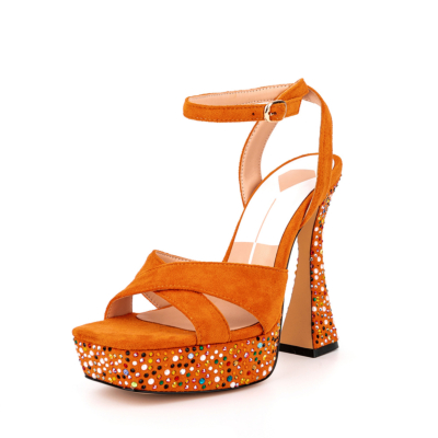 Oranje suède strass platform enkelbandje spoel hak party sandalen